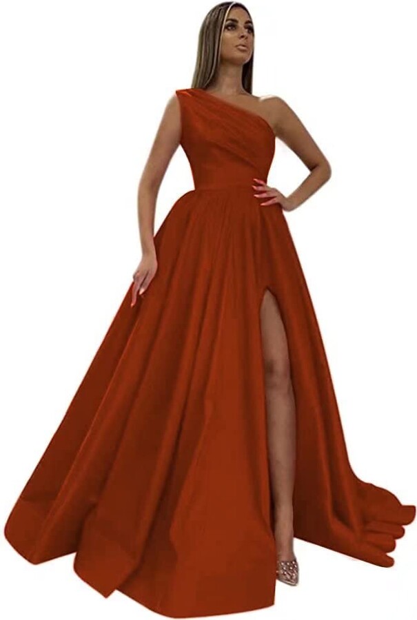 L/Y Women's One Shoulder Prom Dress Satin Long Side Slit A Line Formal