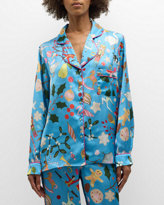 Karen Mabon Cropped Holiday-Print Satin Pajama Set