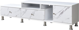 Ivy Bronx 1Pc Modern Sleek White Finish Faux Marble Accents Silver-Tone Legs Tv Stand Console Living Room Furniture