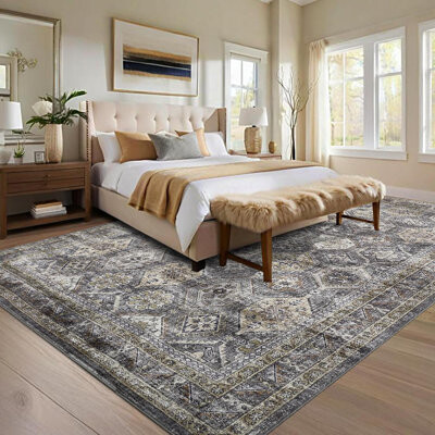 Bungalow Rose Machine Washable Area Rug - Vintage Living Room Carpet, Non-Slip, Low Pile Soft, Non-Shedding Foldable Accent Rug, Distressed Printed For Bedroom, Gre