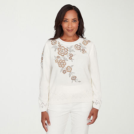 Alfred Dunner Vienna Womens Crew Neck Long Sleeve Floral Pullover Sweater