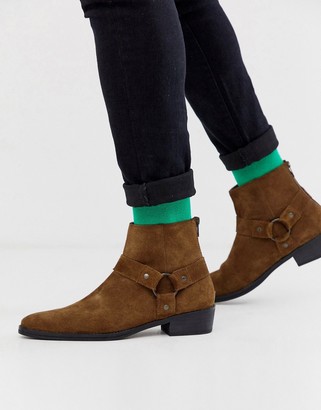 ASOS DESIGN Wide Fit cuban heel western chelsea boots in tan suede with buckle detail