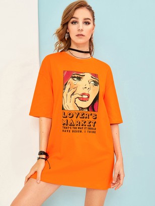 Shein Figure & Slogan Print Neon Orange T-shirt Dress