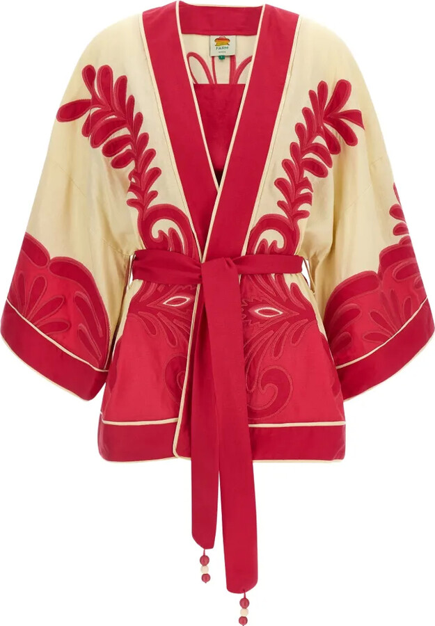 Farm Rio Floral-Embroidered Linen Kimono