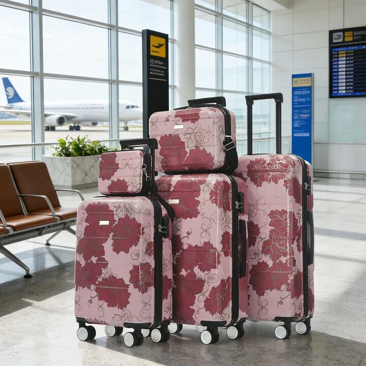 Merax 5 Bags 5-Piece Purple Pink Flower PC Hardshell Double Spinner 20"24"28" Luggage Set with 8" Case, 14" Cosmetic Case