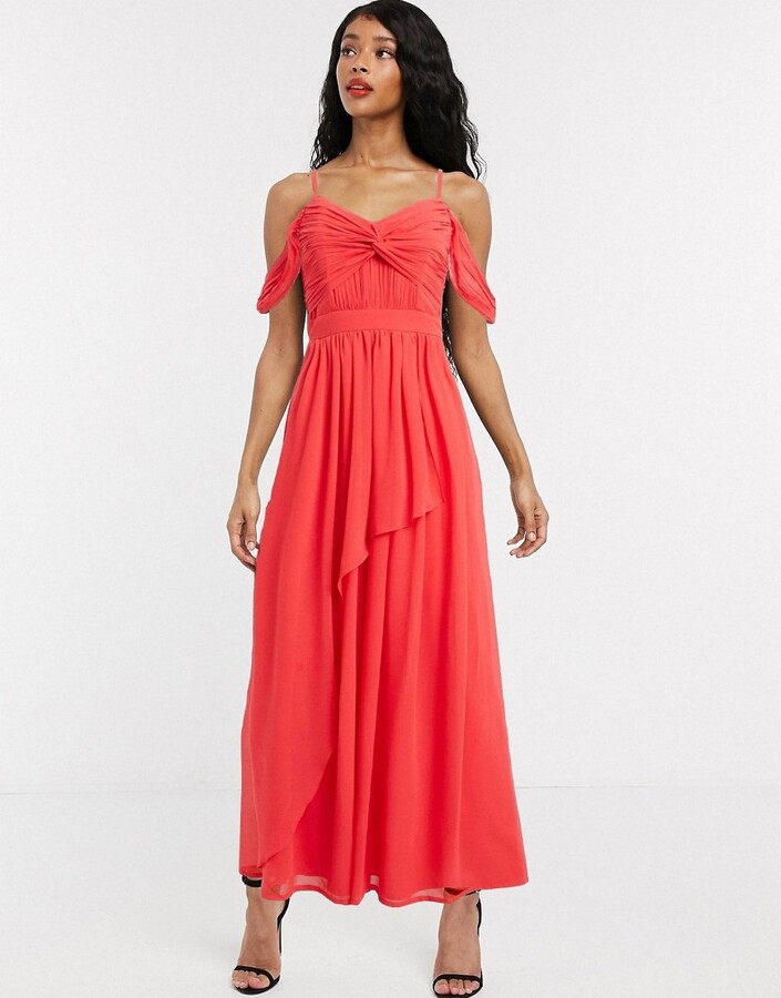 Lipsy Little Mistress cold shoulder maxi dress with knot front bodice in  coral - ShopStyle