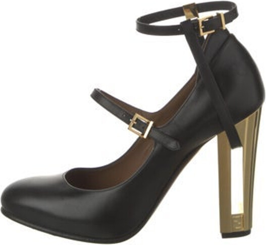 Fendi Leather Pumps Black Colorblock Pattern Round-Toes Platform Mary Jane Strap & Buckle Closure at Ankles Includes Dust Bag