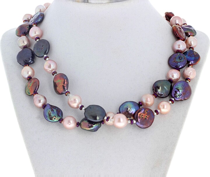 Aria Jewelry Design Ajd Double Strand Of Real Natural Pink Cultured Pearls&keshi Pearls 19" Necklace