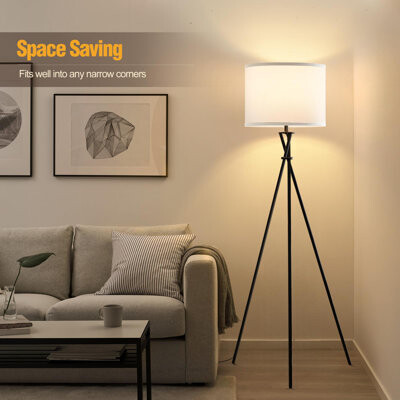 George Oliver 61" Tripod Floor Lamp With White Shade, Rotary Switch, Modern Design For Living Room, Bedroom, Office - No Bulb Included