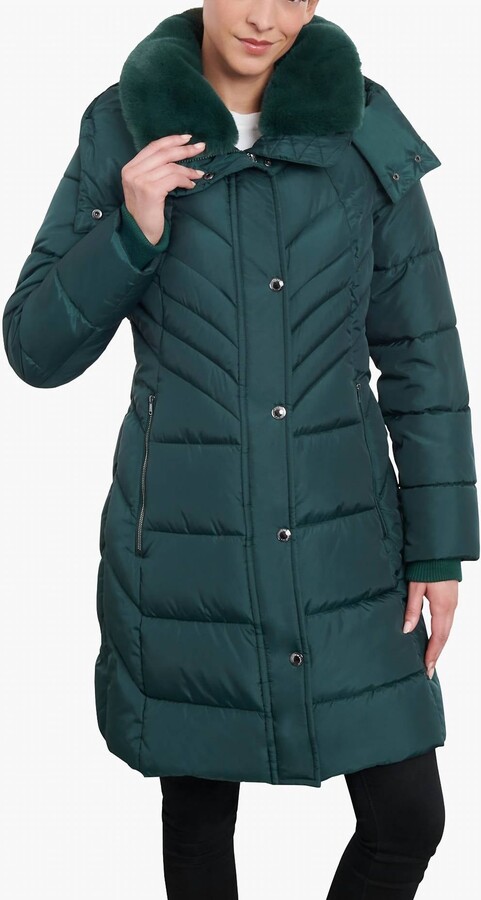 London Fog Zip-Front Hooded Heavy Weight Puffer Jacket With Button-Off Fur Collar In Green