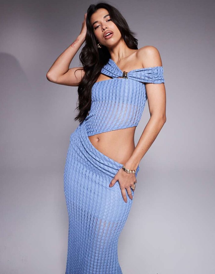 ASOS DESIGN textured bandeau midi dress with asymmetric one shoulder detail and gold trim in light blue