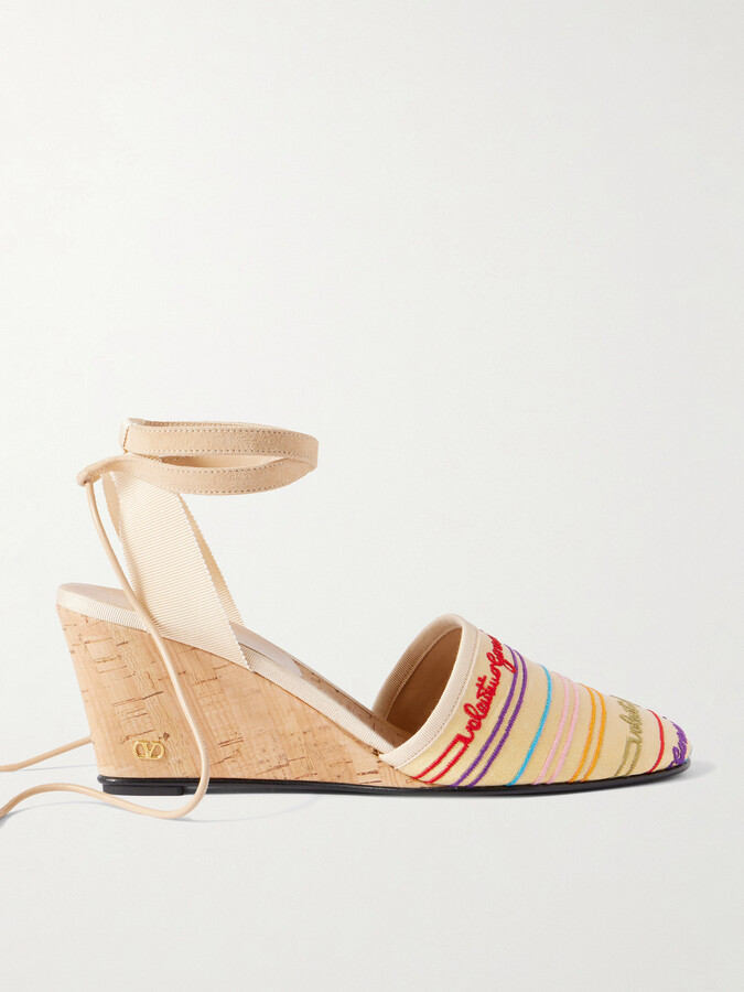 Valentino Garavani La Cruisette 75 Tasseled Embroidered Canvas Wedge Sandals - Neutrals