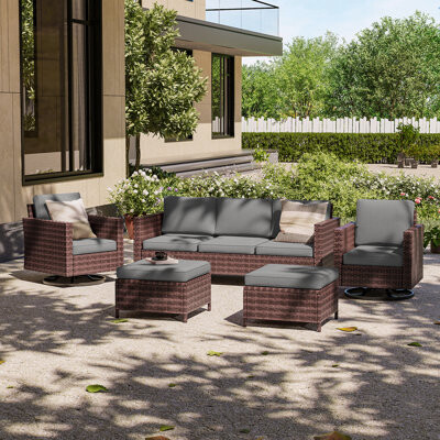 Latitude Run Arunasalam 5 - Person Outdoor Wicker Patio Conversation Furniture Set with Cushions and Rocking Swivel Chairs