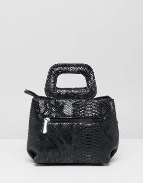 PrettyLittleThing top handle bag in black faux snake