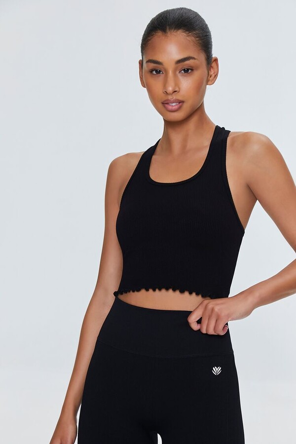 lettuce Edge Lace-Up Crop Knit Top in Black