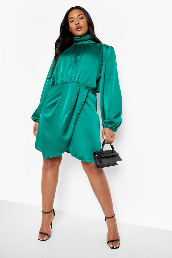 long sleeve green satin dress