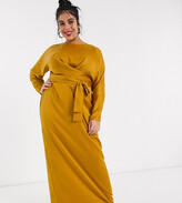 Thumbnail for your product : ASOS Curve DESIGN Curve satin maxi dress with batwing sleeve and wrap waist in mustard