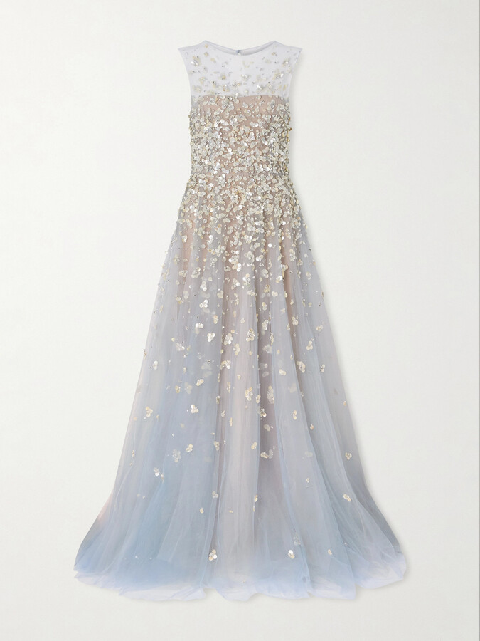 Oscar de la Renta Embroidered Tulle Gown - Blue