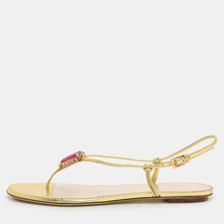 Valentino Metallic Gold Leather Embellished Flat Sandals Size 38