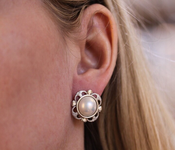 Etsy 13mm Cultured White Mabe Pearl & 0.1 Ctw Natural Diamond Omega Back Cocktail Earrings 21/Solid 14K 18K Gold June Birthstone