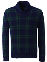 Lands' End Lands' End Men's Lambswool Plaid Pullover Shawl Collar Sweater-Blue