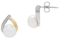 Lord & Taylor 8/8MM White Pearl, Diamond, 14K Yellow Gold and Sterling Silver Teardrop Stud Earrings