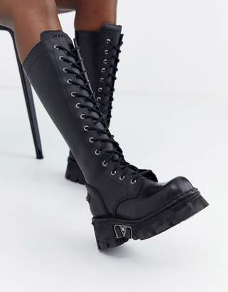 New Rock chunky leather knee high boots in black