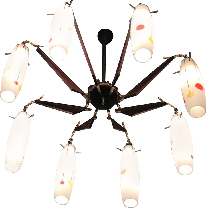 Stilnovo Chandelier Brass Wood Opaline Glass 1955 Italy