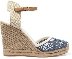 Tory Burch Lucia Leather And Canvas Wedge Espadrilles
