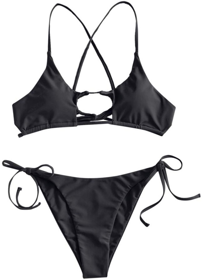 ZAFUL Women's Cutout Spaghetti Strap Lace Up Ribbed Cami Bikini Set Swimsuit 