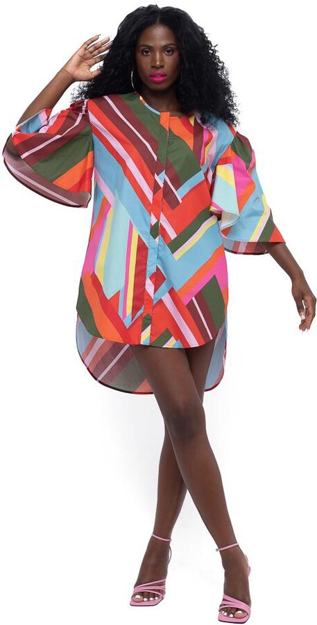 Terese Sydonna Women's Geometric Print Butterfly Sleeve Tie-Belt Hi-Lo Dress