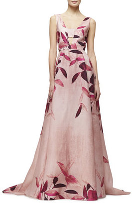 Lela Rose Sleeveless Leaf-Print Gazaar Gown, Fuchsia/Multi