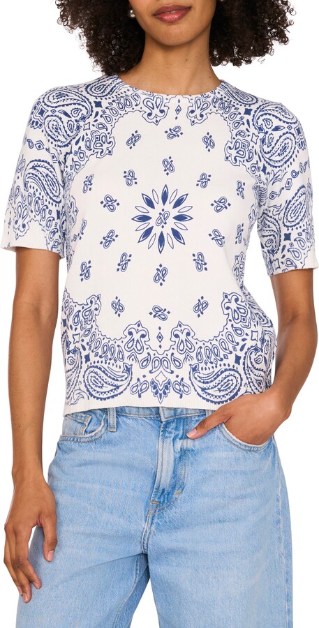 Vince Camuto Bandana Print Short Sleeve Cotton Sweater