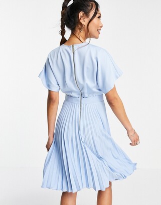 Closet London wrap front pleated skater dress in pastel blue