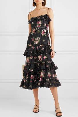 Zimmermann Honour Lace-trimmed Tiered Floral-print Silk Dress - Black