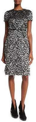 Burberry Ocelot Short-Sleeve Animal-Print Feathered Dress