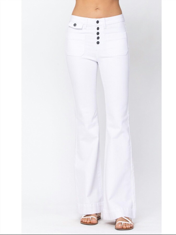 Judy Blue High Rise Button Fly Flare Jeans in White - ShopStyle