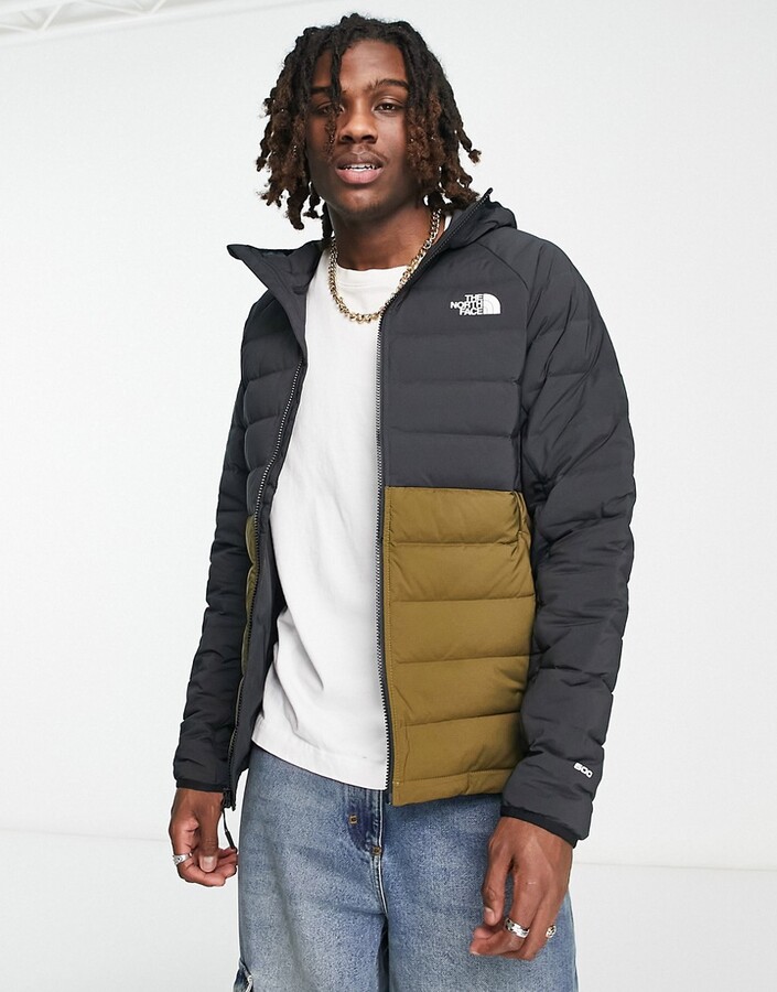 The North Face Belleview stretch down hooded puffer jacket in black and  khaki - ShopStyle