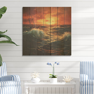 Highland Dunes Golden Boat Horizon Sunset I - Coastal Sunset On Wood Print
