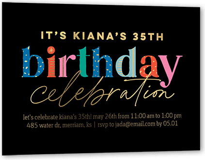 Adult's Birthday Foil Invitations: Delightful Decorations, Gold Foil, Black, 5x7, Matte, Personalized Foil Cardstock, Square