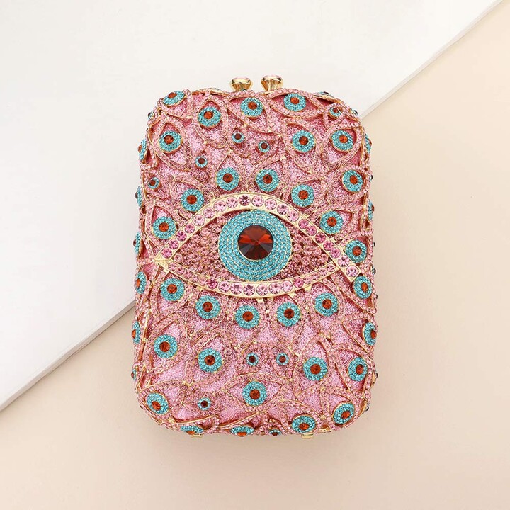 FASHNZFAB Rhinestone Paved Bling Evil Eye Clutch Bag