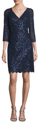 Kay Unger New York Sequin Lace V-Neck Sheath Dress, Navy
