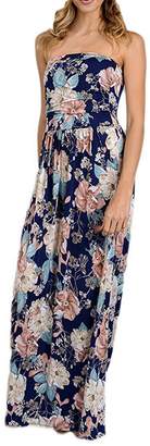 Soficy Women's Floral Print Bohemian Long Dress Strapless Beach Maxi Dress(Floral,M)