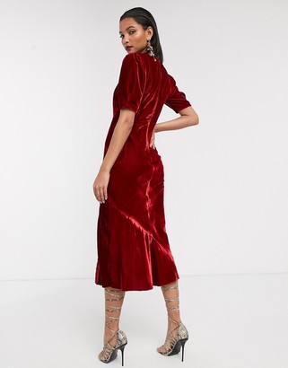 ASOS DESIGN velvet bias midi dress with puff sleeves