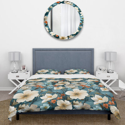 Design Art Blue Coastal Blossoms Floral Pattern II - Floral Duvet Cover Set