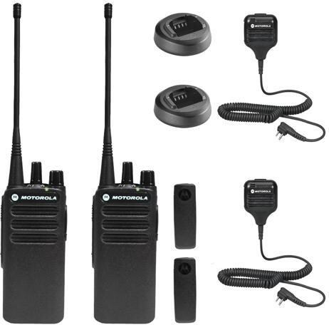 Motorola CP100D Analog UHF Portable Non-Display Two Way Radio, 16 Channel, 2 Pack With Mic Bundle