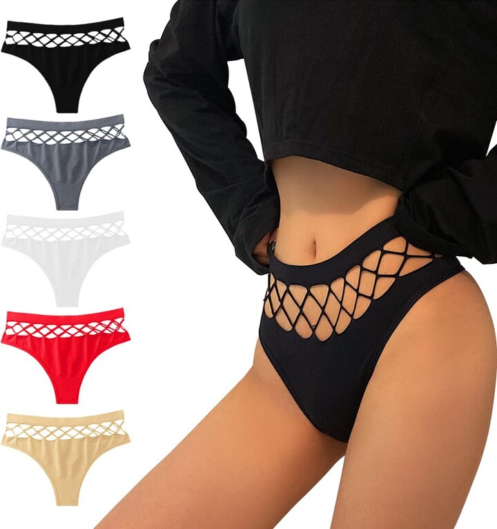 KOEMCY 5 Pack Women's High Waisted Thong Sexy Panties Mesh