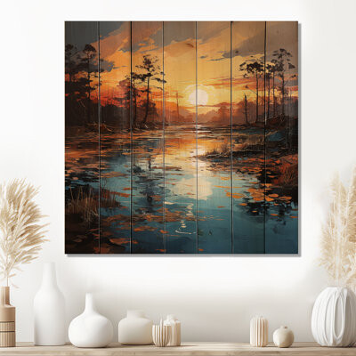 Winston Porter By The Lake Sunrise Reflections II - Lake On Wood Print