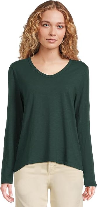 Elliott Lauren Garment Dye Tees - Long Sleeve V-Neck Knit Top Women's T Shirt Pine : LG, Cotton