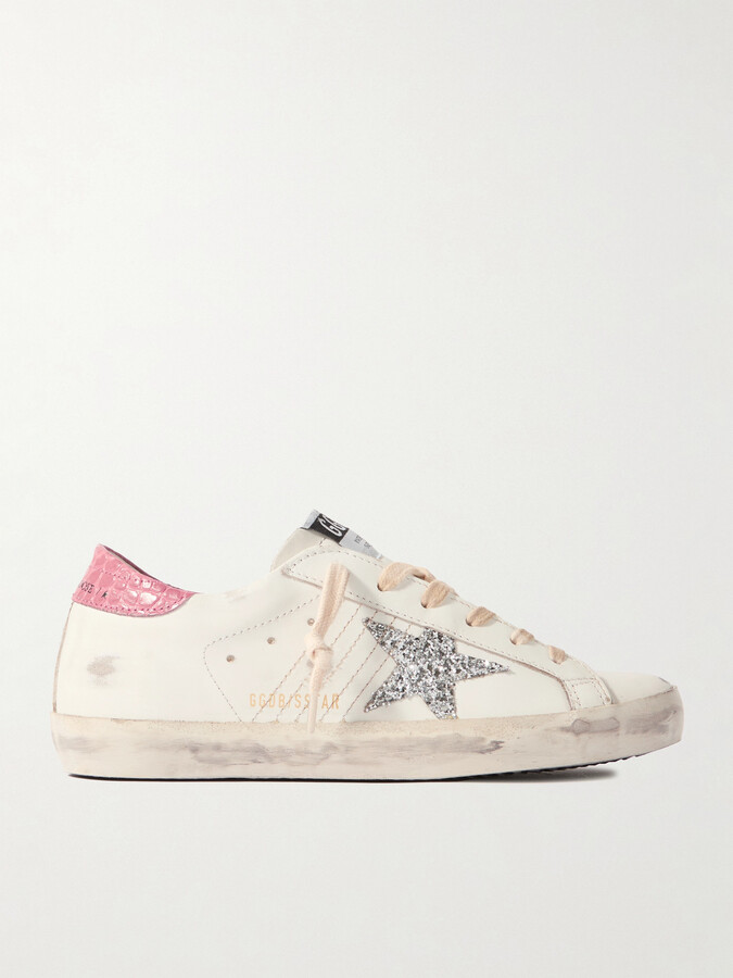 Golden Goose Super-star Distressed Glittered Leather Sneakers - White